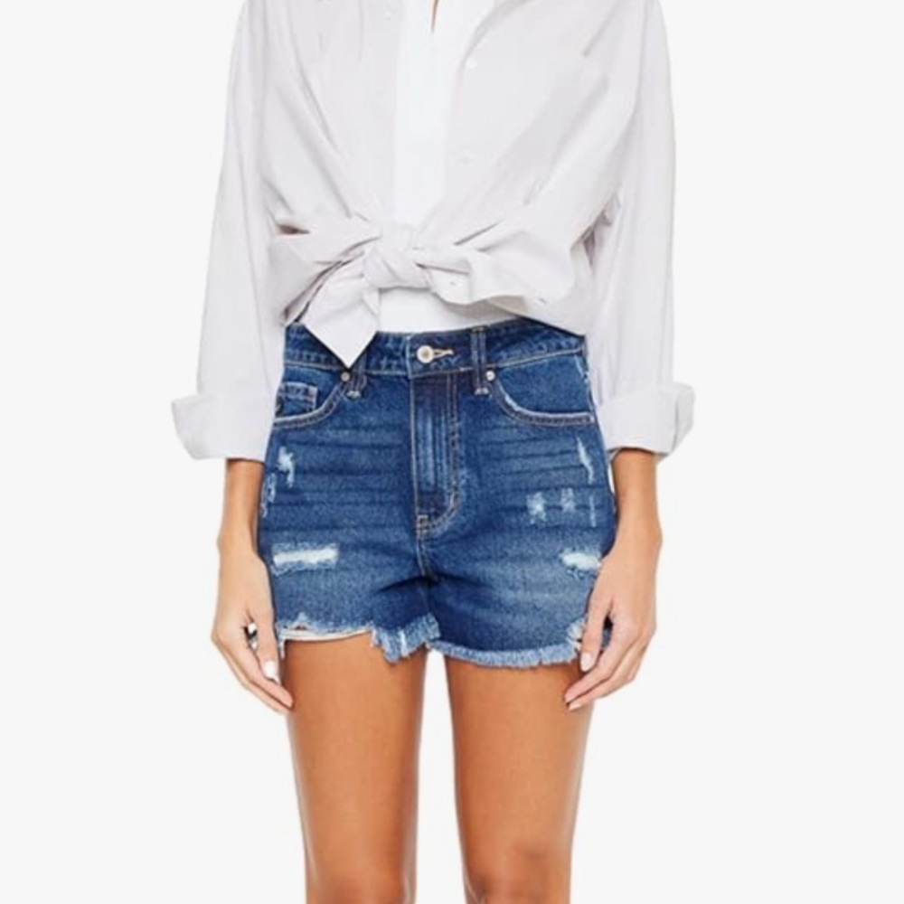 Kancan Glora High Rise Shorts Distressed Frayed Hem Dark Wash Denim KC9206D 27